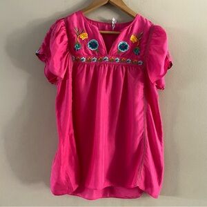 Calypso Christiane Celle Pink Silk Boho Embroidered Short Sleeve Blouse Size S